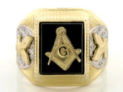Pre-owned Jackani 10k Or 14k Solid Gold Two-tone Mens Onyx Masonic Eagle Ring In Black