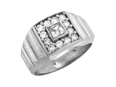 Pre-owned Jackani 10k Or 14k Solid White Gold Cubic Zirconia Cz Fancy Mens Ring