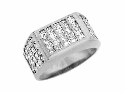 Pre-owned Jackani 10k Or 14k Solid White Gold Cz Rectangular Five Row Bling Mens Ring