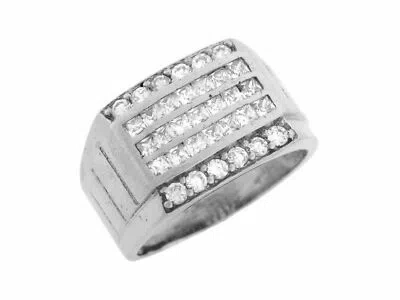 Pre-owned Jackani 10k Or 14k Solid White Gold Five 5 Row Cz Fancy Large Mens Ring