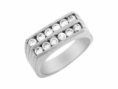 Pre-owned Jackani 10k Or 14k Solid White Gold Two Row Channel Set Cz Mens Ring