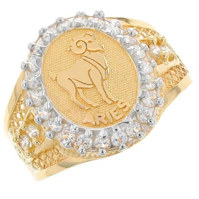 Pre-owned Jackani 10k Or 14k Solid Yellow Gold Mens Zodiac Cz Ring - Aries In White