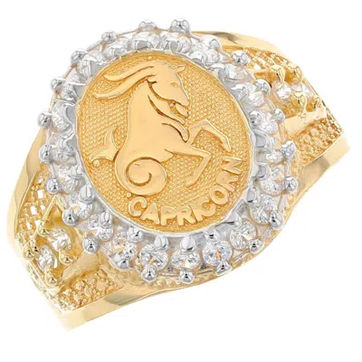 Pre-owned Jackani 10k Or 14k Solid Yellow Gold Mens Zodiac Cz Ring - Capricorn In White