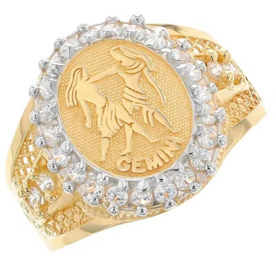 Pre-owned Jackani 10k Or 14k Solid Yellow Gold Mens Zodiac Cz Ring - Gemini In White