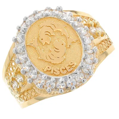 Pre-owned Jackani 10k Or 14k Solid Yellow Gold Mens Zodiac Cz Ring - Pisces In White