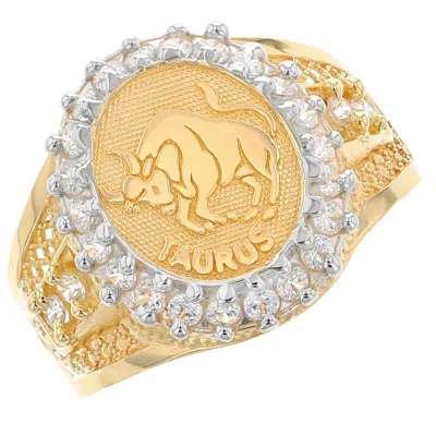 Pre-owned Jackani 10k Or 14k Solid Yellow Gold Mens Zodiac Cz Ring -taurus In White