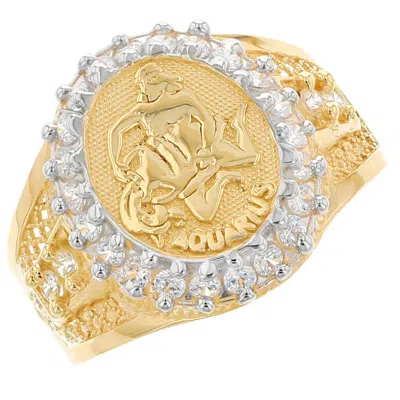 Pre-owned Jackani 10k Or 14k Solid Yellow Gold Mens Zodiac Cz Ring - Aquarius In White