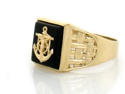 Pre-owned Jackani 10k Or 14k Solid Yellow Gold Onyx Cross Anchor Mens Ring In Black