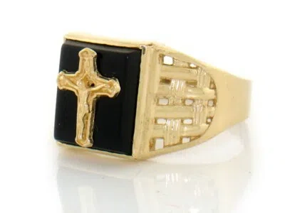Pre-owned Jackani 10k Or 14k Solid Yellow Gold Onyx Cross Religious Mens Ring In Black