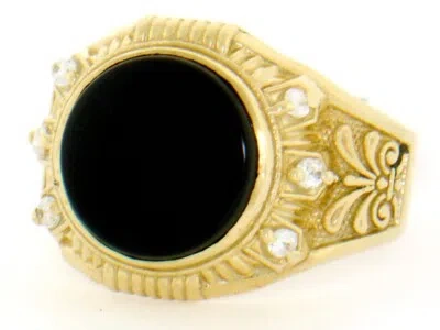 Pre-owned Jackani 10k Or 14k Solid Yellow Gold Round Onyx Cz Mens Ring In Black