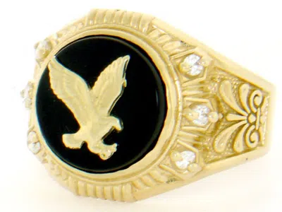 Pre-owned Jackani 10k Or 14k Solid Yellow Gold Round Onyx Eagle Cz Mens Ring In Black