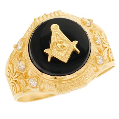 Pre-owned Jackani 10k Or 14k Solid Yellow Gold Round Onyx Masonic Cz Mens Ring In Black