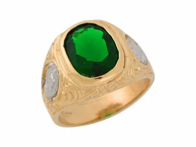 Pre-owned Jackani 10k Or 14k Two -tone Gold Simulated Emerald Mens Wide Virgin Mary Guadalupe Ring In Green