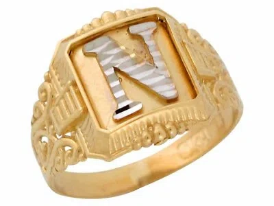 Pre-owned Jackani 10k Or 14k Two-tone Gold Antique And Filigree Design Mens Initial Letter N Ring