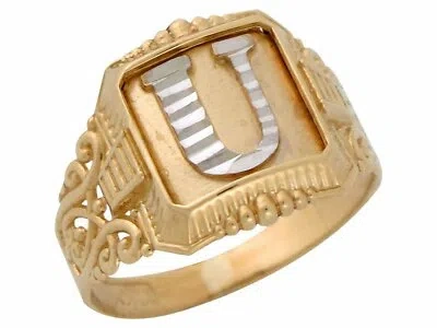 Pre-owned Jackani 10k Or 14k Two-tone Gold Antique And Filigree Design Mens Initial Letter U Ring