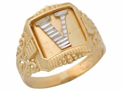 Pre-owned Jackani 10k Or 14k Two-tone Gold Antique And Filigree Design Mens Initial Letter V Ring