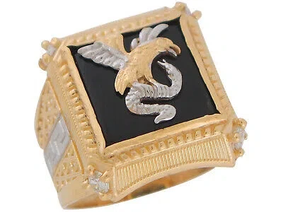 Pre-owned Jackani 10k Or 14k Two-tone Gold Black Onyx And Cz Eagle And Snake Mens Greek Key Ring