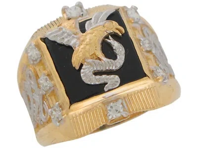 Pre-owned Jackani 10k Or 14k Two-tone Gold Black Onyx And Cz Eagle And Snake Mens Statement Ring