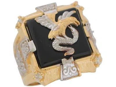 Pre-owned Jackani 10k Or 14k Two-tone Gold Bold Onyx And Cz Eagle And Snake Mens Statement Ring In Black