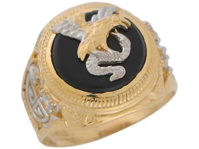 Pre-owned Jackani 10k Or 14k Two-tone Gold Bold Onyx And Cz Eagle With Snake Mens Round Top Ring In Black