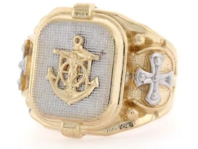 Pre-owned Jackani 10k Or 14k Two-tone Gold Christian Cross Anchor Navy Mens Ring In Blue
