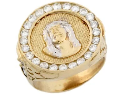 Pre-owned Jackani 10k Or 14k Two-tone Gold Cluster White Cz Round Jesus Catholic Mens Ring