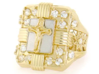 Pre-owned Jackani 10k Or 14k Two-tone Gold Cross Jesus Crucifix Cz Mens Ring In White