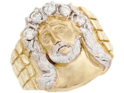 Pre-owned Jackani 10k Or 14k Two Tone Gold Jesus Christian Religious Cz Small Mens Ring In White