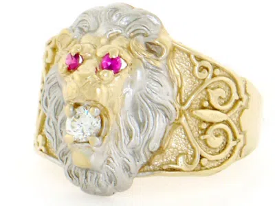Pre-owned Jackani 10k Or 14k Two-tone Gold Lion Head Red & White Cz Mens Ring