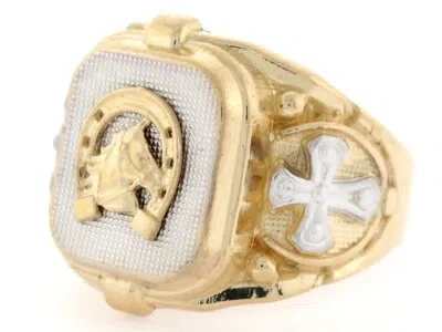 Pre-owned Jackani 10k Or 14k Two-tone Gold Lucky Horseshoe Cross Fancy Mens Ring