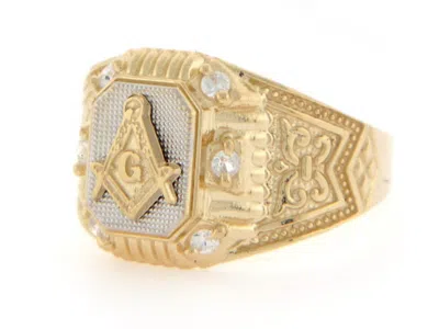 Pre-owned Jackani 10k Or 14k Two Tone Gold Masonic Cz Fancy Mens Ring Jewelry In White