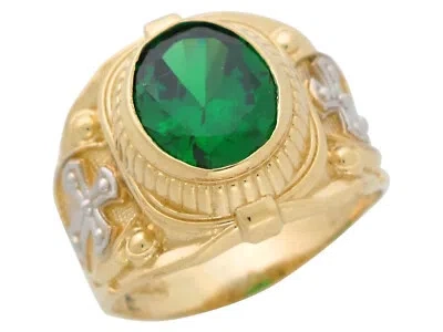 Pre-owned Jackani 10k Or 14k Two-tone Gold Mens Simulated Emerald May Birthstone Religious Ring In Green