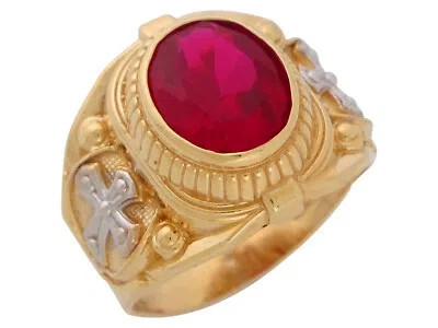 Pre-owned Jackani 10k Or 14k Two-tone Gold Mens Simulated Ruby July Birthstone Religious Ring In Red