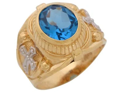 Pre-owned Jackani 10k Or 14k Two-tone Gold Mens Wide Simulated Blue Zircon December Religious Ring