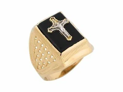 Pre-owned Jackani 10k Or 14k Two Tone Gold Onyx Religious Jesus And Crucifix Mens Ring In Black