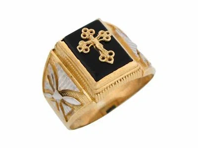 Pre-owned Jackani 10k Or 14k Two Tone Gold Onyx Religious Ornate Cross Mens Ring In Black