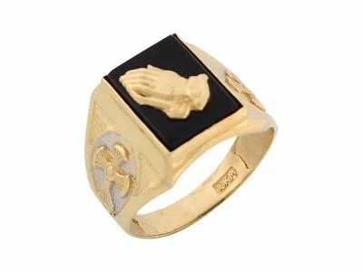 Pre-owned Jackani 10k Or 14k Two Tone Gold Onyx Religious Praying Hands And Crosses Mens Ring In Black