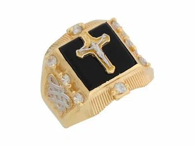 Pre-owned Jackani 10k Or 14k Two Tone Gold Onyx White Cz Religious Crucifix Mens Ring