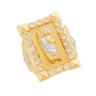 Pre-owned Jackani 10k Or 14k Two Tone Gold Saint Jude White Cz Mens Religious Saints Ring