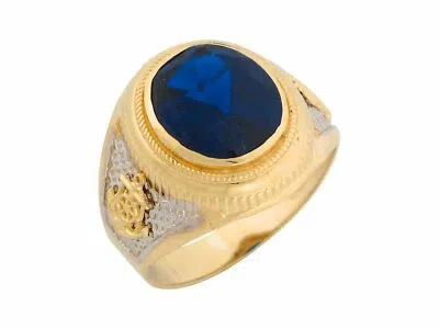 Pre-owned Jackani 10k Or 14k Two Tone Gold Simulated Blue Sapphire Nautical Anchor Mens Ring
