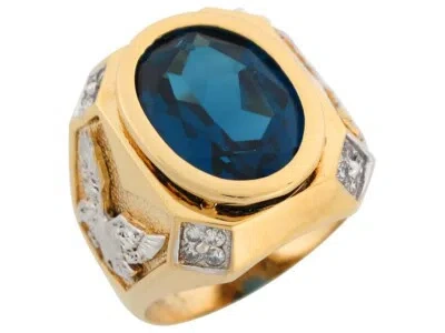 Pre-owned Jackani 10k Or 14k Two Tone Gold Simulated Blue Topaz Cz Eagle Accents Bold Mens Ring