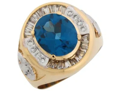 Pre-owned Jackani 10k Or 14k Two Tone Gold Simulated Blue Topaz Cz Lion Head Accents Mens Ring