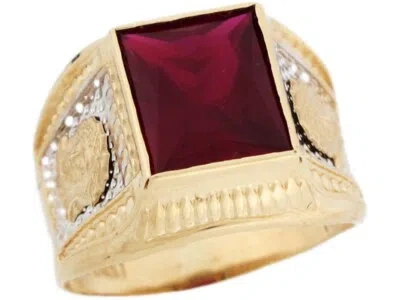 Pre-owned Jackani 10k Or 14k Two Tone Gold Simulated Garnet January Birthstone Jesus Mens Ring In Red