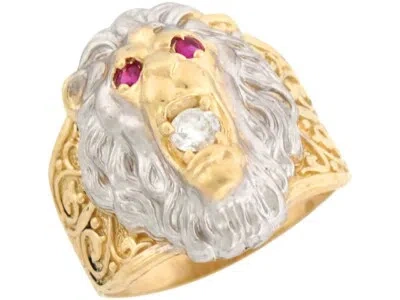 Pre-owned Jackani 10k Or 14k Two Tone Gold Simulated Ruby & White Cz Open Mouth Lion Mens Ring