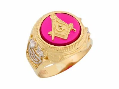 Pre-owned Jackani 10k Or 14k Two Tone Gold Simulated Ruby Freemason Masonic Mens Ring In Red