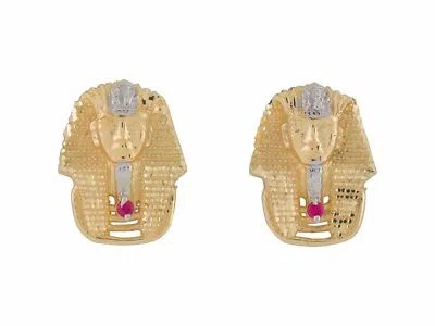 Pre-owned Jackani 10k Or 14k Two-tone Gold Simulated Ruby King Tut Egyptian Unisex Post Earrings In Red