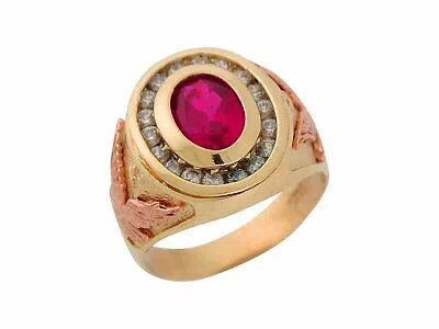 Pre-owned Jackani 10k Or 14k Two-tone Gold Simulated Ruby White Cz Halo Mens Eagle Accented Ring