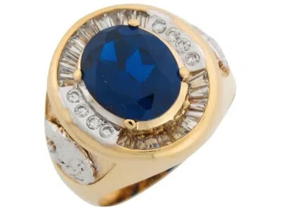 Pre-owned Jackani 10k Or 14k Two Tone Gold Simulated Sapphire Cz Lion Head Accents Mens Ring In Blue