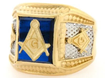 Pre-owned Jackani 10k Or 14k Two-tone Gold Simulated Sapphire Masonic Mens Ring In Blue