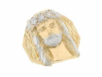 Pre-owned Jackani 10k Or 14k Two Tone Gold Stunning Jesus Head With White Cz Accents Mens Ring